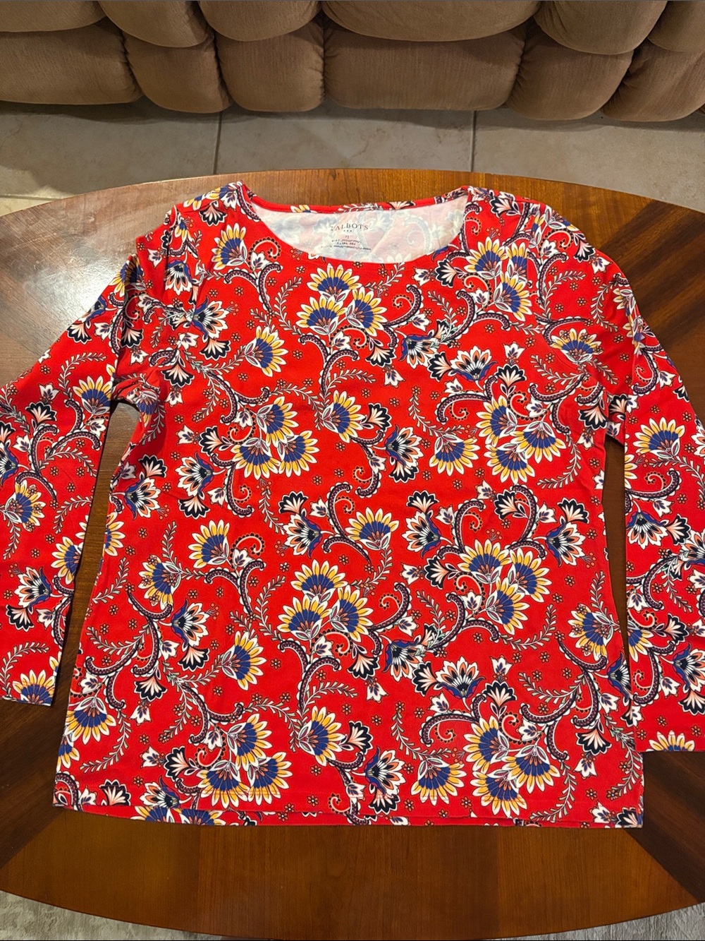 Talbots Women’s Red Floral-Print Long Sleeve Boat Neck Top